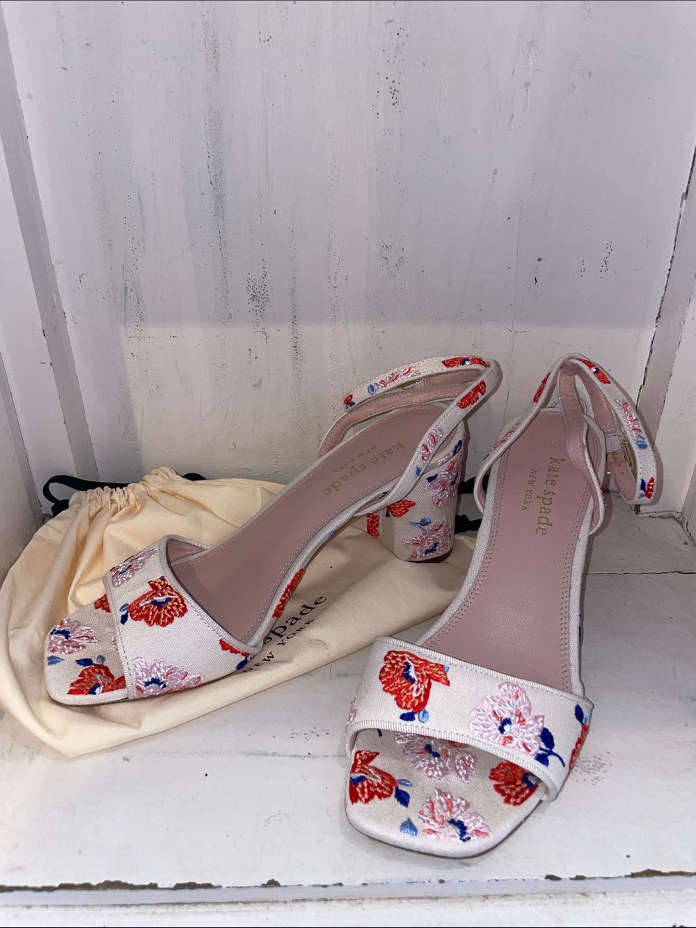 kate spade Floral Embroidered Pink Block Heel Sandals